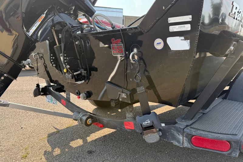Slide: The Image of 2023 Ranger VS1665SC boat trailer hitch and motor detail in sunlight. - 6
