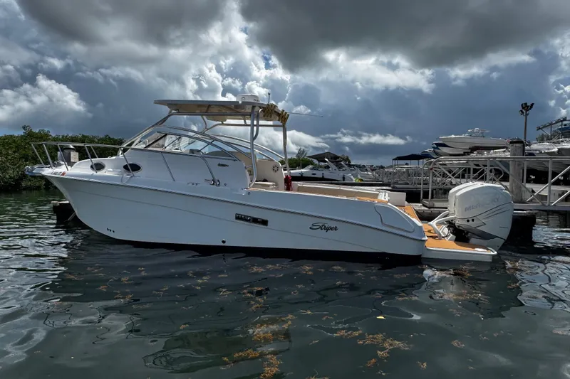 Slide: The Image of 2008 Seaswirl Striper 2901 Walkaround O/B boat docked under cloudy skies. - 2