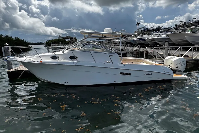 Slide: The Image of 2008 Seaswirl Striper 2901 Walkaround O/B docked at marina under cloudy sky. - 3