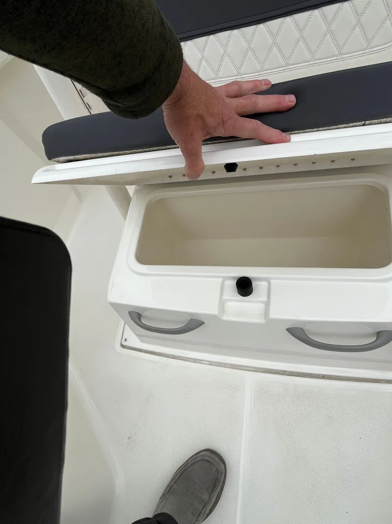 Slide: The Image of 2021 Bayliner Trophy boat storage compartment with hand opening lid. - 6