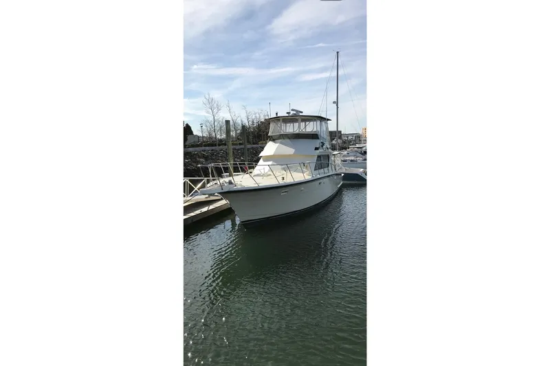 The Image of 1988 Hatteras 48 Convertible yacht docked in a serene marina setting. - 0