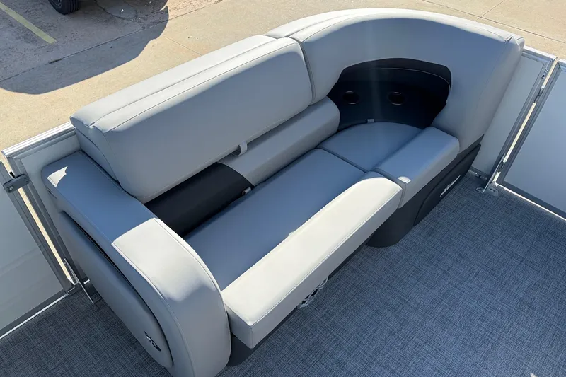 Slide: The Image of 2026 Sun Tracker Party Barge 22 RF XP3, featuring luxurious gray seating. - 15