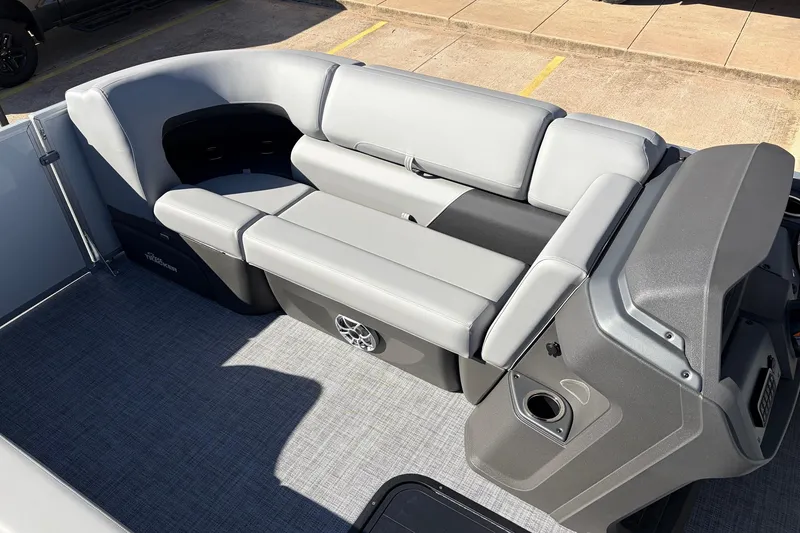 Slide: The Image of 2026 Sun Tracker Party Barge 22 RF XP3 interior with gray seating and modern design. - 22