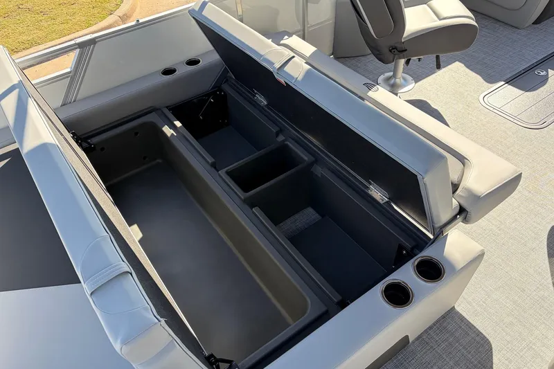 Slide: The Image of 2026 Sun Tracker Party Barge 22 RF XP3 interior storage compartments and seating. - 50