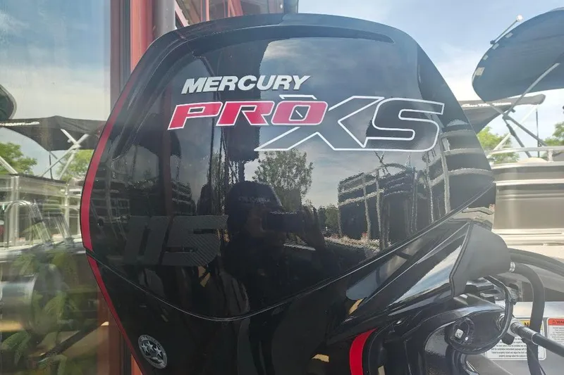 Slide: The Image of Mercury Pro XS outboard motor on a 2026 Sun Tracker Fishin' Barge 20 DLX. - 23