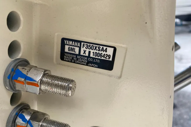 Slide: The Image of Close-up of Yamaha F350XSA4 engine label on Grady-White Freedom 345, 2025 model. - 27
