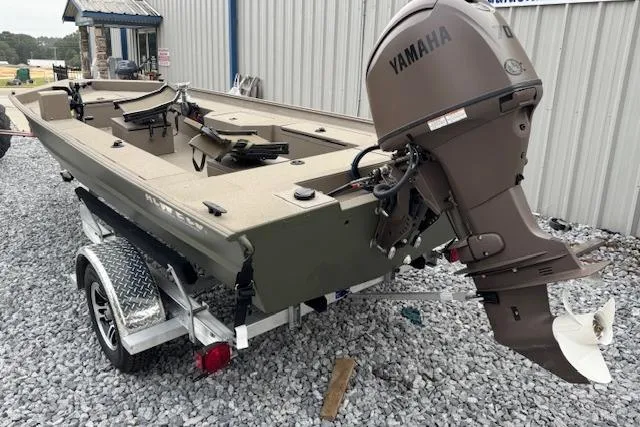 Slide: The Image of 2025 Alweld 1752PF boat with Yamaha outboard motor on a trailer. - 3