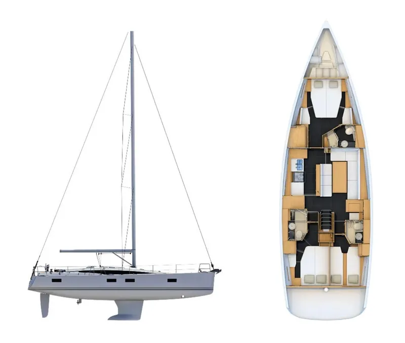 Slide: The Image of Jeanneau 54 sailboat 2016 model with detailed interior layout and side profile view. - 13