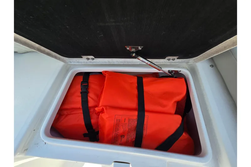 Slide: The Image of Storage compartment with orange life jackets on a 2022 Sea Fox 249 Avenger boat. - 36