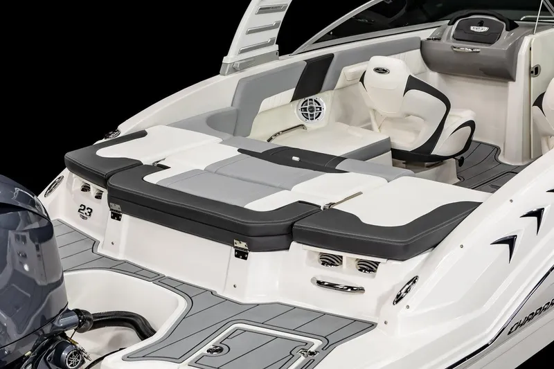 Slide: The Image of Manufacturer Provided Image: 2025 Chaparral 23 SSi OB boat interior with Yamaha outboard motor, featuring sleek seating and modern design. - 8