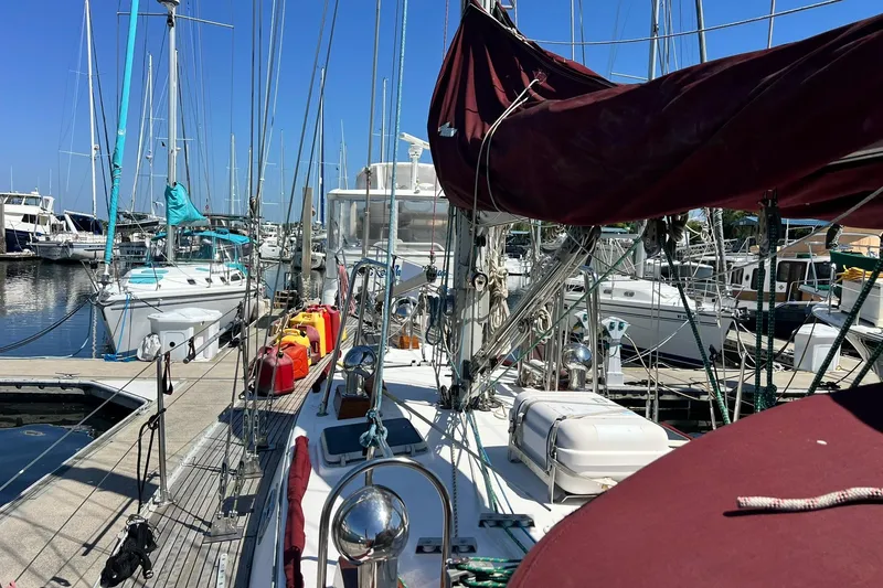 Slide: The Image of Close-up of 1988 Tayana Vancouver 42 sailboat deck details. - 48