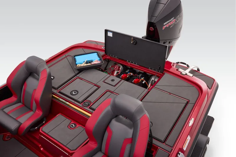 Slide: The Image of Manufacturer Provided Image: Red interior of 2026 Nitro Z20 XL boat with seat, handle, and cup holder. - 54