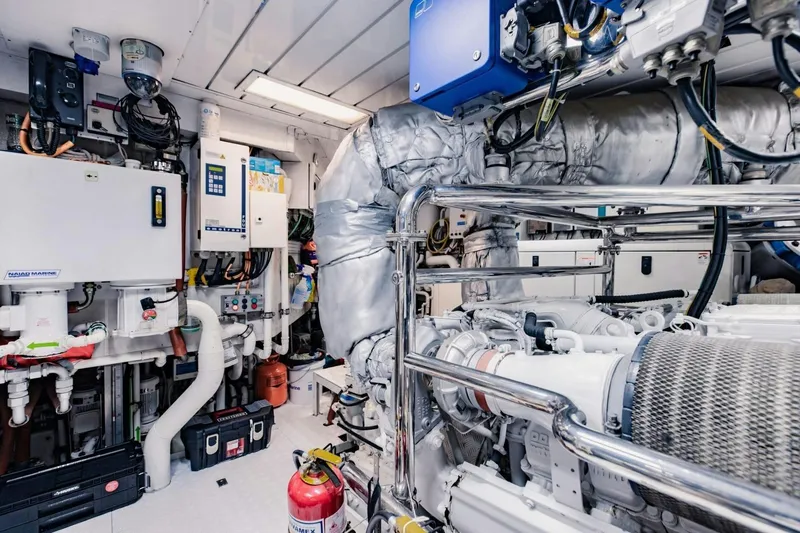 Slide: The Image of Engine room of 2007 Benetti 120 Classic yacht, showcasing machinery and equipment. - 50