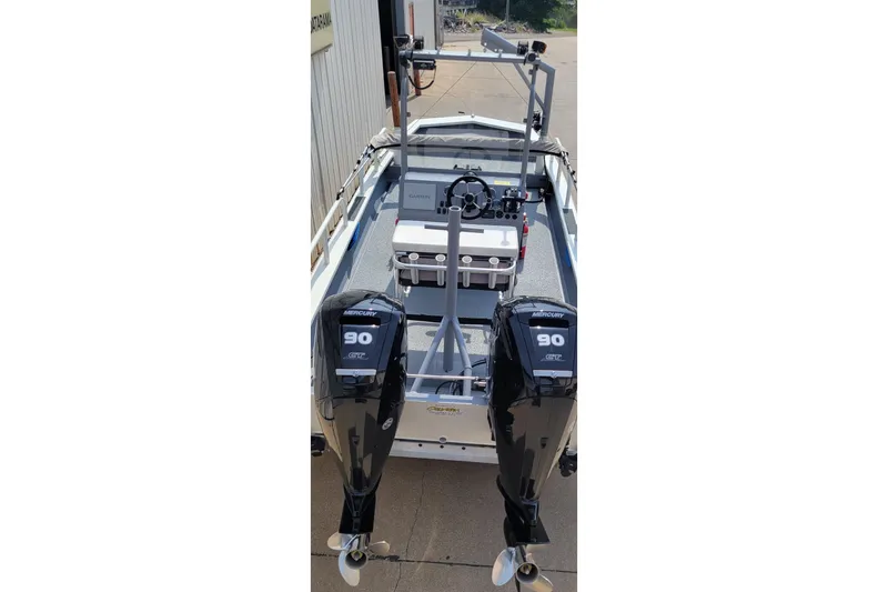 Slide: The Image of 2025 AQUAWKA BOATS 2072 OB Aluminum with dual Mercury 90 engines, rear view. - 10