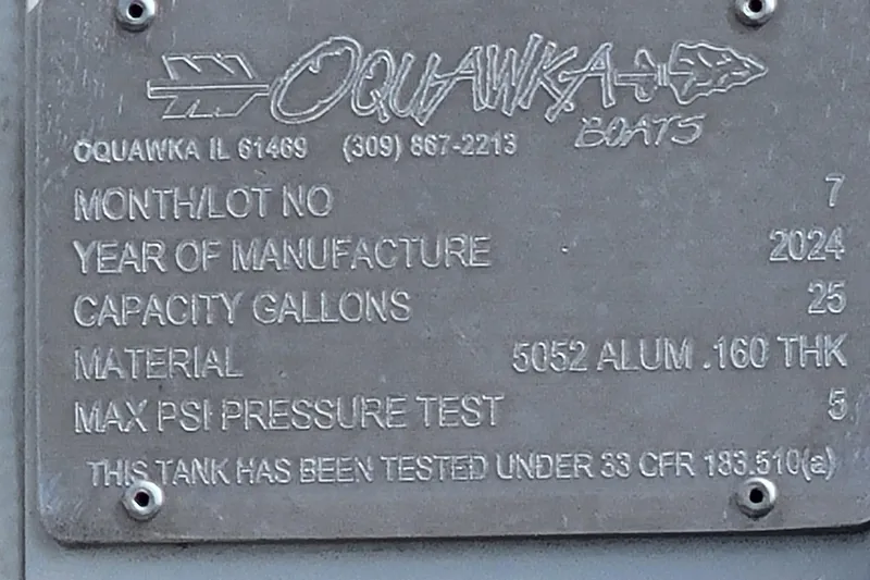Slide: The Image of Metal plate displaying specifications for AQUAWKA BOATS 2072 ALUMINUM, manufactured in 2024. - 7