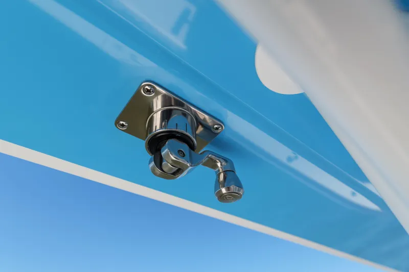 Slide: The Image of 2024 Valhalla Boatworks V-33 detail, featuring a stainless steel fitting against a blue background. - 30