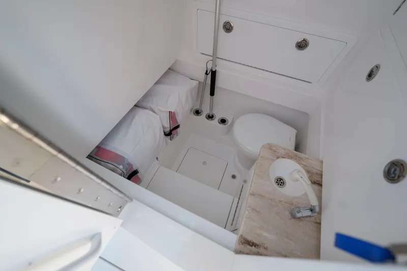 Slide: The Image of 2024 Valhalla Boatworks V-33 interior cabin with toilet and sink. - 34