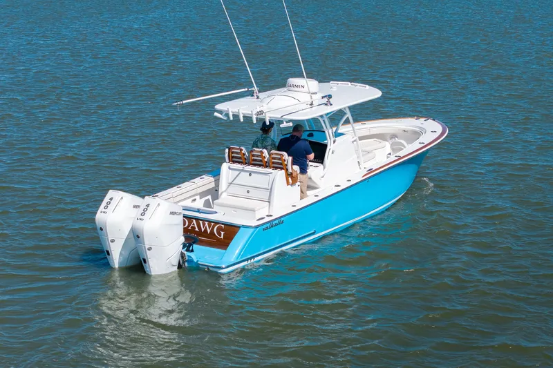 Slide: The Image of 2024 Valhalla Boatworks V-33 on water, featuring dual Mercury engines. - 39