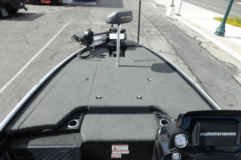 Slide: The Image of Nitro Z19 Pro 2021 boat deck with Humminbird electronics and trolling motor. - 11