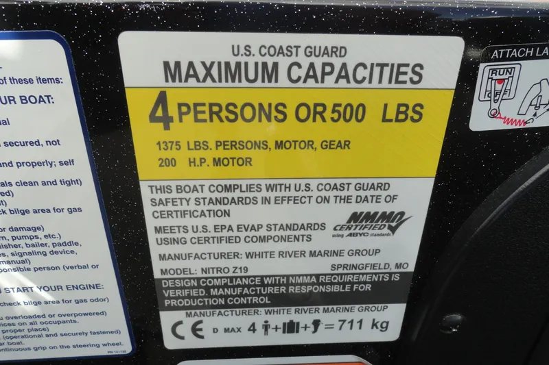 Slide: The Image of U.S. Coast Guard capacity label for Nitro Z19 Pro, 2021 model, 4 persons or 500 lbs. - 9
