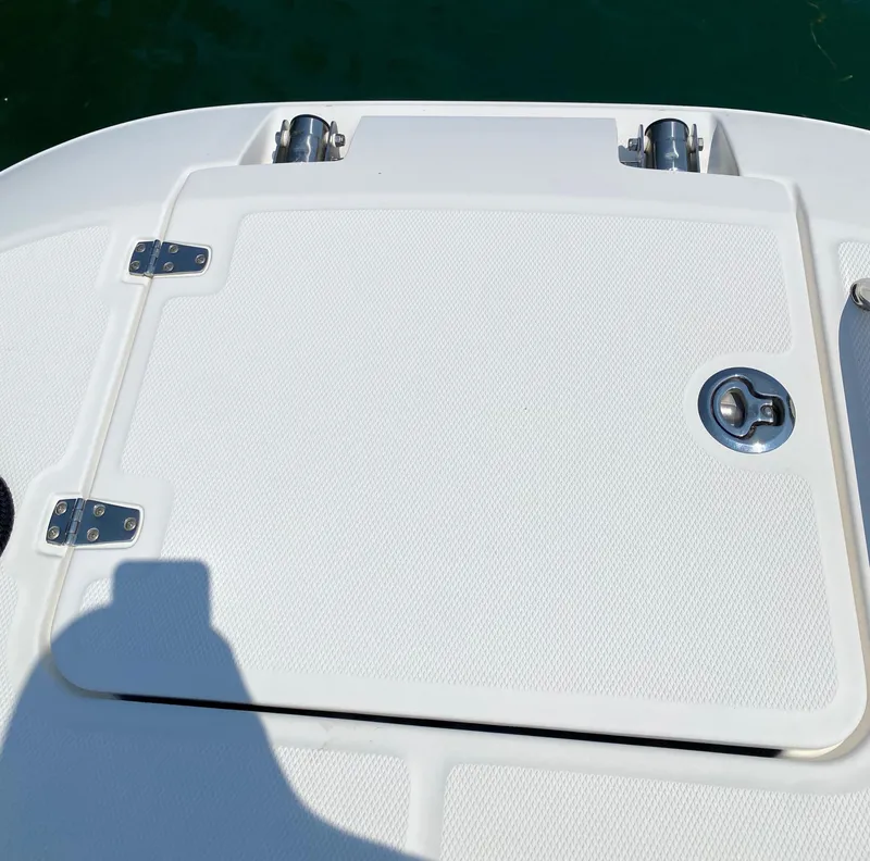 Slide: The Image of 2017 Boston Whaler 320 Vantage deck hatch with stainless steel hardware. - 41
