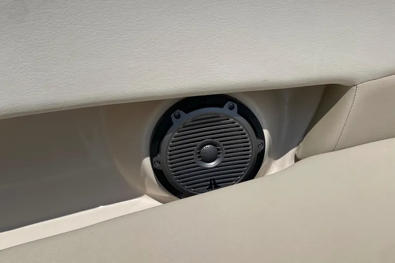 Slide: The Image of Speaker installed in the seating area of a 2017 Boston Whaler 320 Vantage boat. - 47
