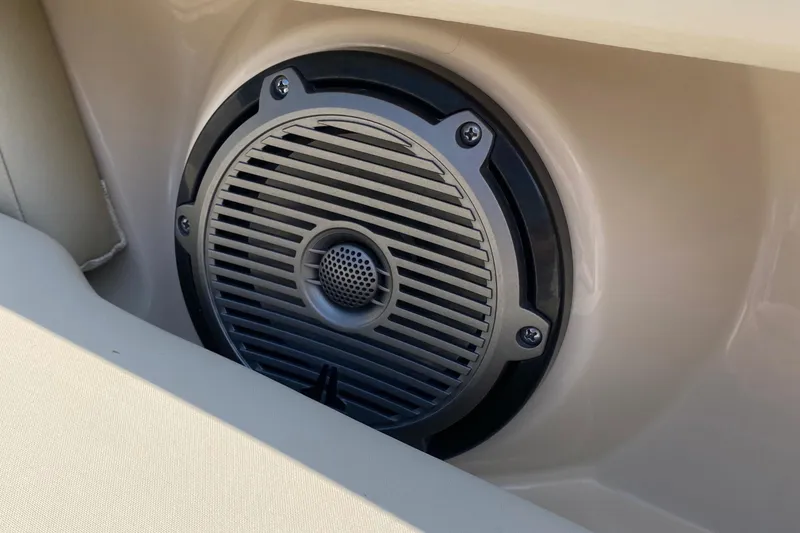 Slide: The Image of Speaker on a 2017 Boston Whaler 320 Vantage boat, showcasing marine audio system. - 48