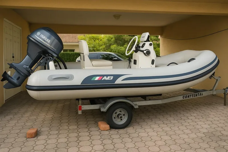 The Image of 2018 AB Inflatables Mares 10 VSX boat on trailer with Yamaha outboard motor. - 0