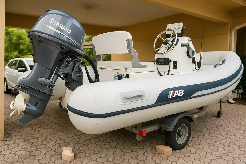 Slide: The Image of 2018 AB Inflatables Mares 10 VSX boat with Yamaha engine on a trailer. - 3