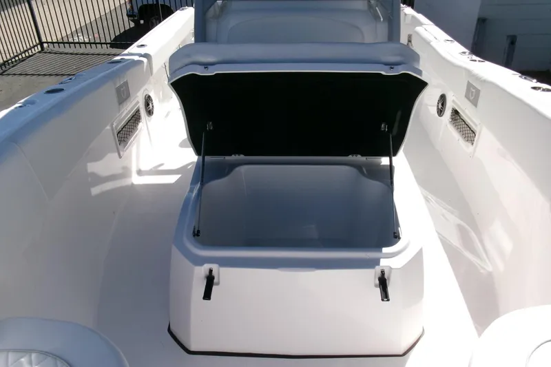 Slide: The Image of 2026 Sea Fox 268 Commander boat interior with open storage compartment. - 13