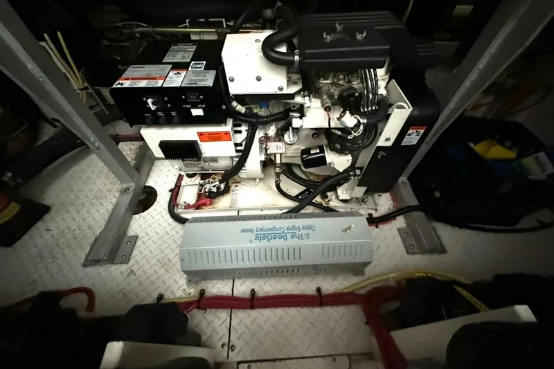 Slide: The Image of Engine room of 2003 Cruisers Yachts 4370 Express, featuring mechanical components and wiring. - 30