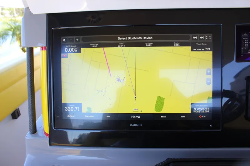 Slide: The Image of Garmin navigation display on Mystic M4200, 2021 model, showing GPS and depth information. - 41