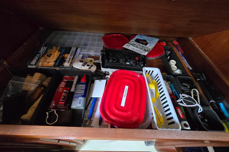 Slide: The Image of 1988 Pearson 362 Centerboard yacht bathroom with sink, toilet, mirror, and window. - 16