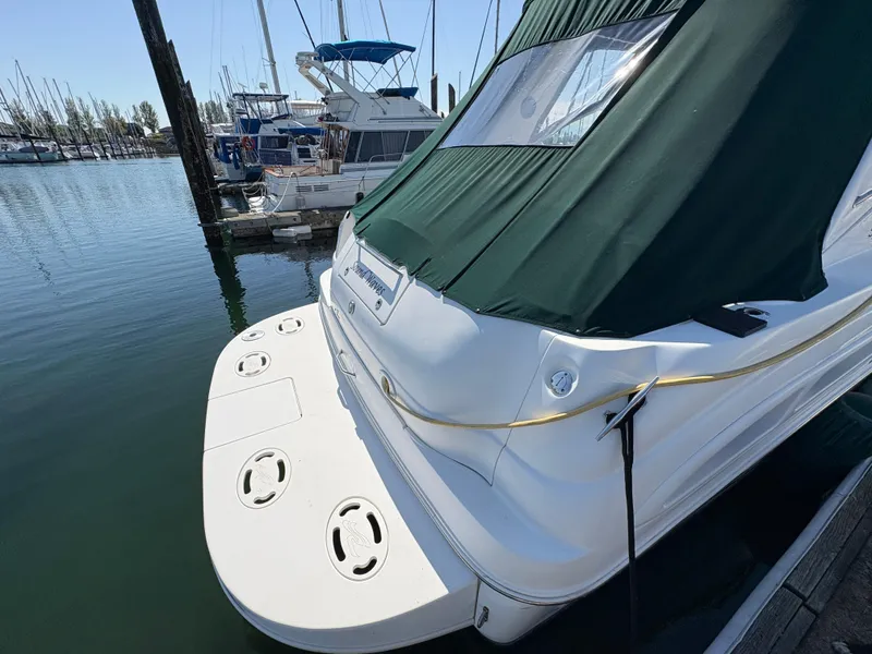 Slide: The Image of 1999 Sea Ray 340 Sundancer docked with green canopy, rear view. - 5
