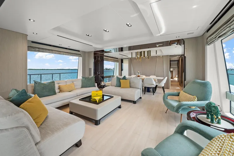 Slide: The Image of Luxurious interior of 2022 Azimut Grande 27 METRI yacht with elegant seating and ocean view. - 107
