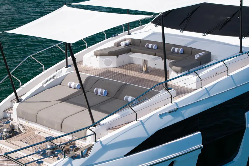 Slide: The Image of Luxurious 2022 Azimut Grande 27 METRI yacht with spacious sun deck and elegant seating. - 6
