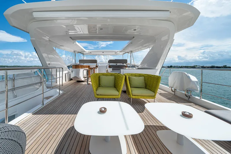 Slide: The Image of Luxurious 2022 Azimut Grande 27 METRI yacht deck with modern seating and ocean view. - 63