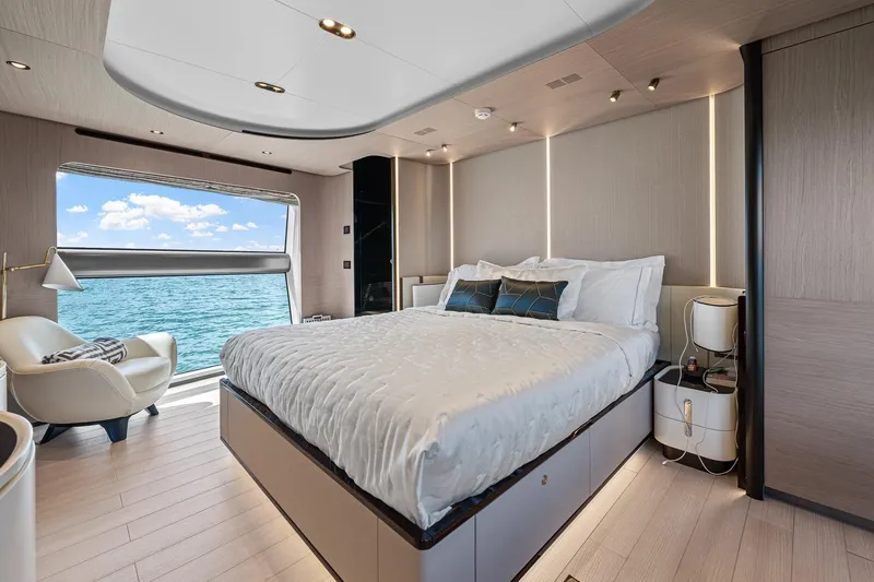 Slide: The Image of Luxurious bedroom interior of 2022 Azimut Grande 27 METRI yacht with ocean view. - 91