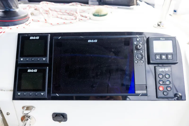 Slide: The Image of Control panel of a 2018 Lagoon 40 catamaran with B&G navigation equipment. - 13