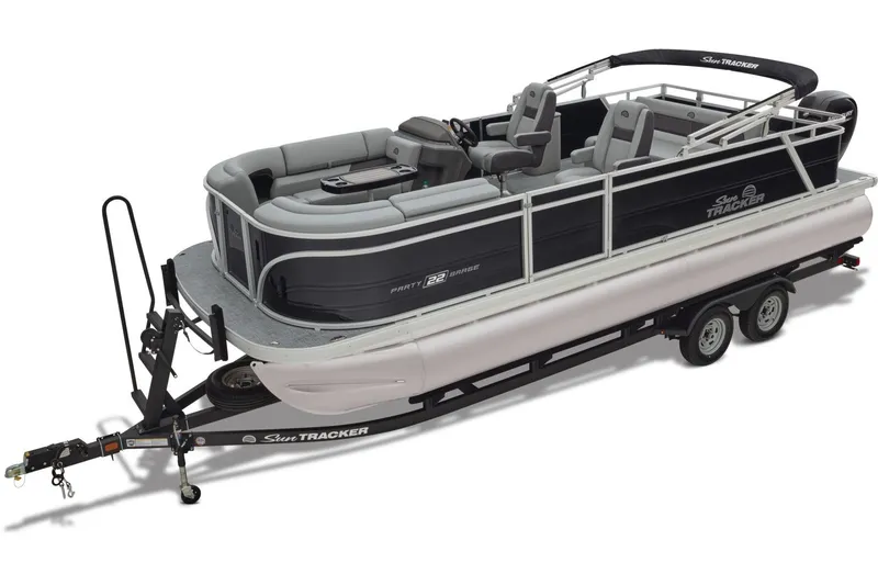 The Image of 2026 Sun Tracker Party Barge 22 RF DLX pontoon boat on trailer, side view. - 0
