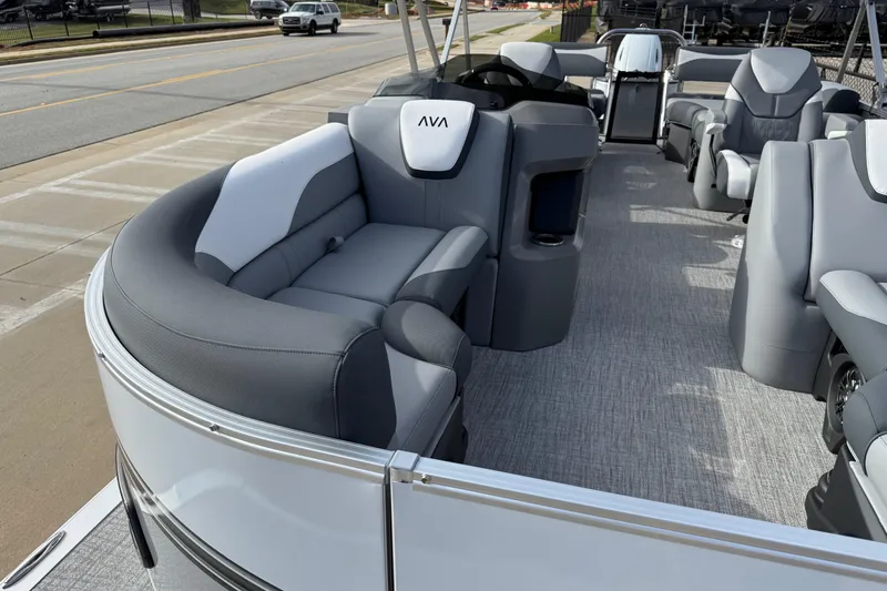 Slide: The Image of 2026 Avalon LSZ Quad Lounger Shift boat interior with luxurious seating and modern design. - 14