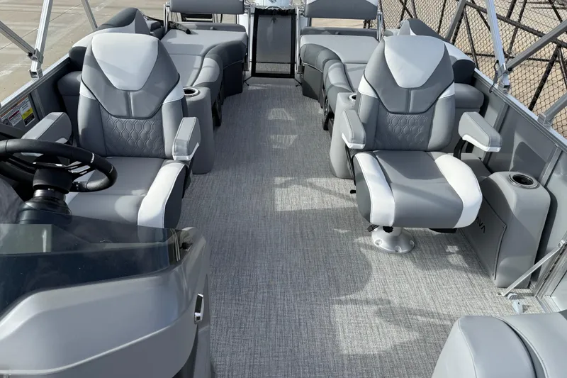 Slide: The Image of 2026 Avalon LSZ Quad Lounger Shift boat interior with luxurious gray seating and modern design. - 15