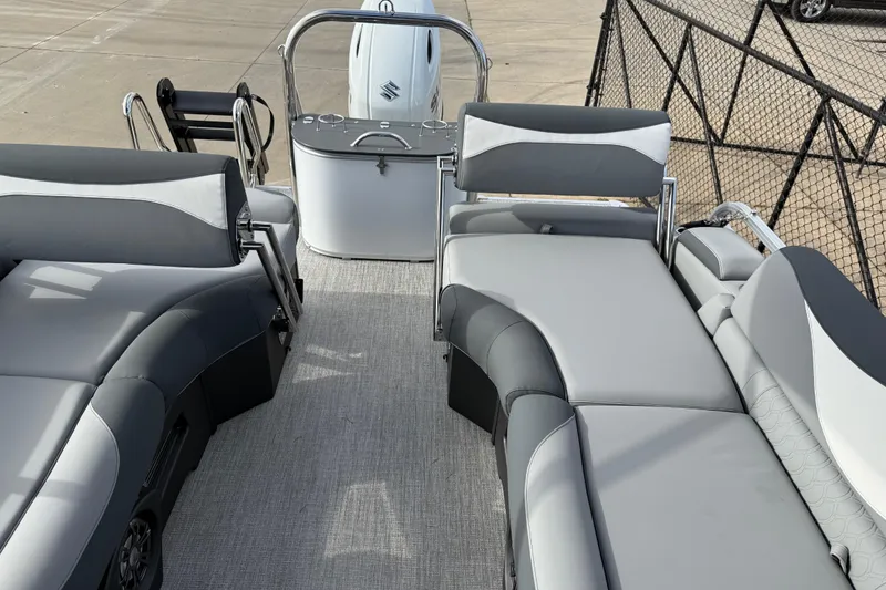 Slide: The Image of 2026 Avalon LSZ Quad Lounger Shift boat interior with sleek gray seating and modern design. - 36