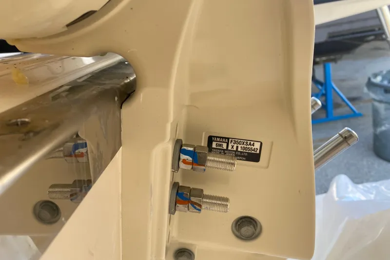 Slide: The Image of Close-up of Yamaha motor mount on 2026 Grady-White Freedom 325 boat. - 16
