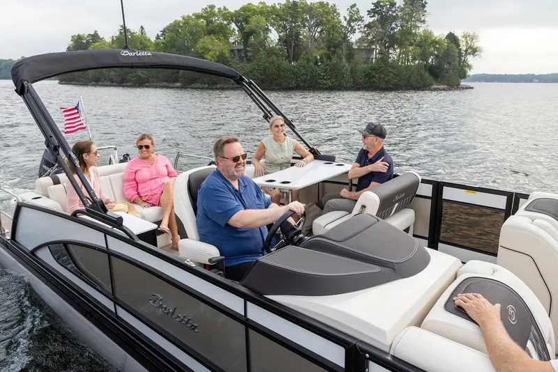 Slide: The Image of 2025 Barletta Lusso 25UE pontoon boat with luxurious seating and sleek design. - 19