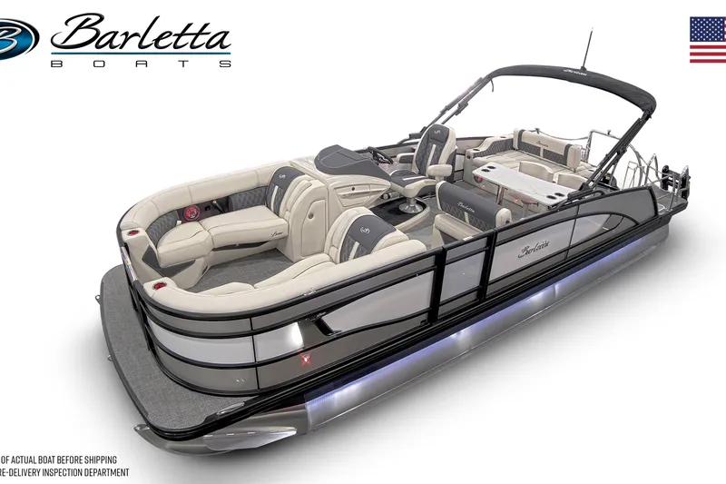 Slide: The Image of 2025 Barletta Lusso 25UE pontoon boat with luxurious seating and sleek design. - 23