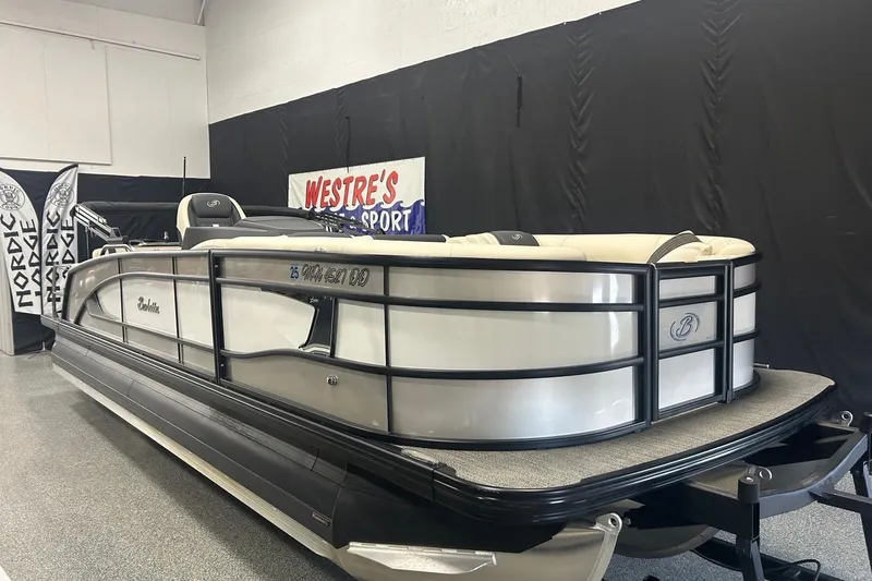 Slide: The Image of 2025 Barletta Lusso 25UE pontoon boat with Mercury 400 V10 engine, luxurious seating. - 4