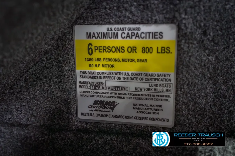 Slide: The Image of 2026 Lund 1675 Adventure Sport capacity label, 6 persons or 800 lbs, 90 HP motor. - 68