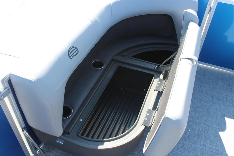 Slide: The Image of 2026 Sun Tracker Party Barge 16 DLX seating with storage and cup holders. - 19