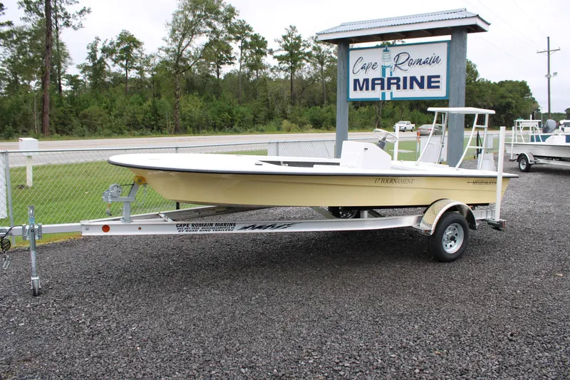 Slide: The Image of 2026 Mitzi Skiffs 17 Tournament boat on trailer at Cape Romain Marine. - 0